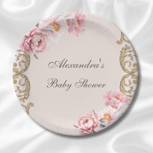 Pink Peony Vintage Rococo Floral Baby Shower Paper Plates