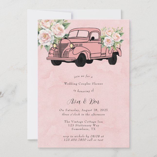 Pink Peony Vintage Truck Wedding Couples Shower Invitation (Front)
