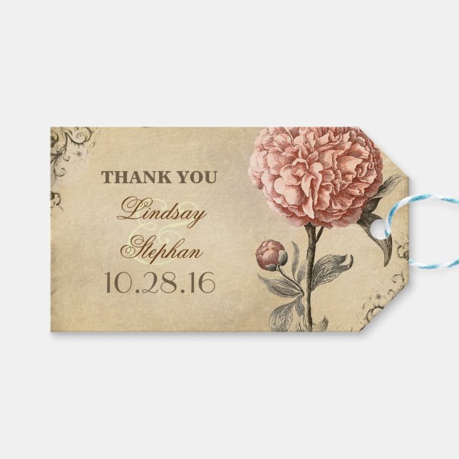 Pink Peony Vintage Wedding Gift Tags (Front (Horizontal))