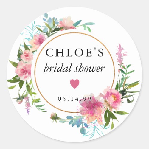 Pink Peony Watercolor Bridal Shower Favor Classic Round Sticker