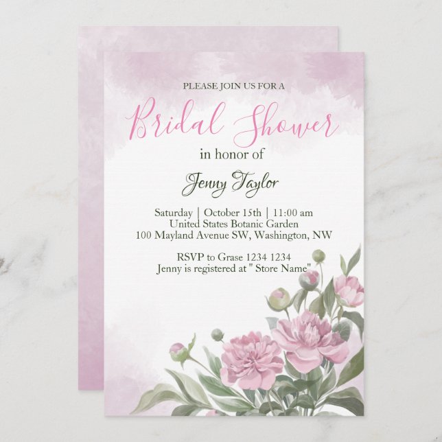 Pink Peony Watercolor  Bridal Shower Invitation (Front/Back)