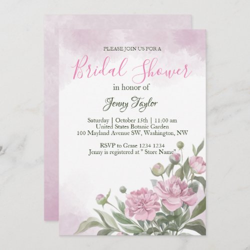 Pink Peony Watercolor  Bridal Shower Invitation