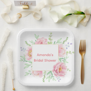 Pink Peony Watercolor Bridal Shower Paper Plates