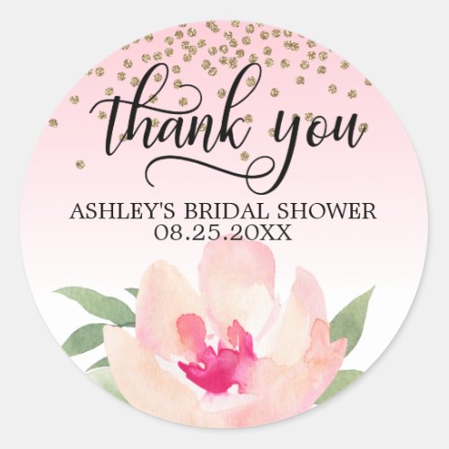 Pink Peony Watercolor Bridal Shower Thank You Classic Round Sticker