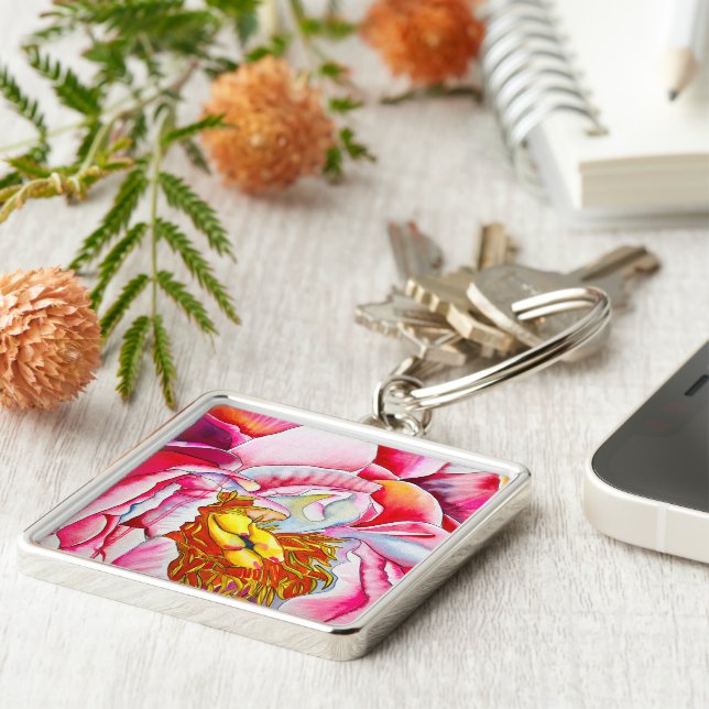 Pink Peony watercolor fine art Keychain (Side)
