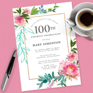 Pink Peony Watercolor Floral 100th Birthday Invitation