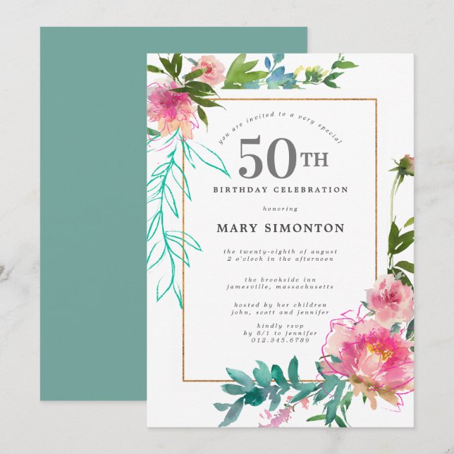 Pink Peony Watercolor Floral 50th Birthday Invitation (Front/Back)