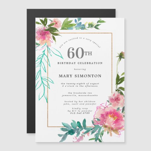 Pink Peony Watercolor Floral 60th Birthday Magnetic Invitation