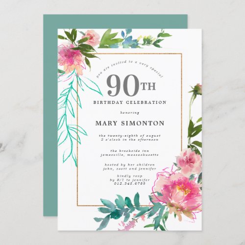 Pink Peony Watercolor Floral 90th Birthday Invitation
