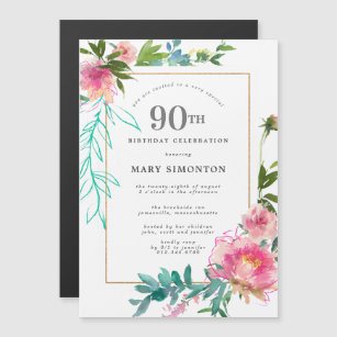 Pink Peony Watercolor Floral 90th Birthday Magnetic Invitation