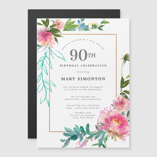 Pink Peony Watercolor Floral 90th Birthday Magnetic Invitation (Front/Back)