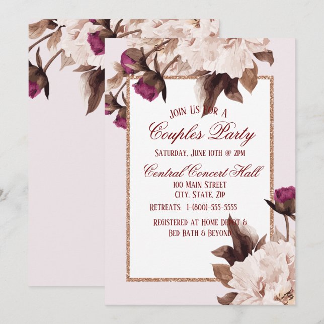 Pink Peony Watercolor Floral Couples Party Invitation (Front/Back)