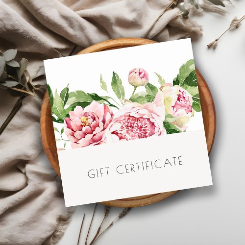 Pink Peony Watercolor Floral Gift Certificate