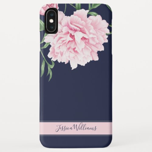 Pink Peony Watercolor Floral Navy Name iPhone XS Max Case