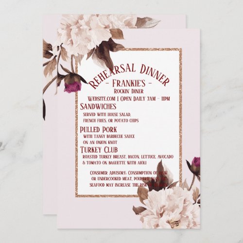 Pink Peony Watercolor Floral Rehearsal Dinner Invitation