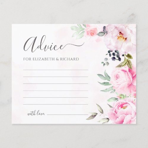 Pink Peony Watercolor Floral Wedding Advice Card
