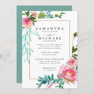 Pink Peony Watercolor Floral Wedding Invitations