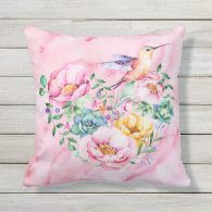 Pink Peony Watercolor Heart Outdoor Pillow