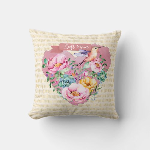 Pink Peony Watercolor Heart with Hummingbird Throw Pillow