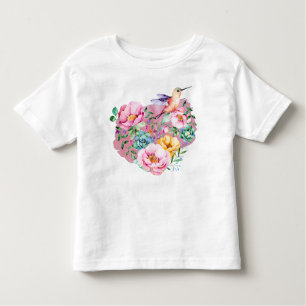 Pink Peony Watercolor Heart with Hummingbird Toddler T-shirt