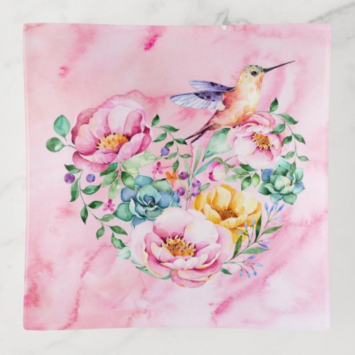 Pink Peony Watercolor Hummingbird Heart Bouquet Trinket Tray