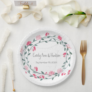 Pink Peony Watercolor Photo Wedding Paper Plates