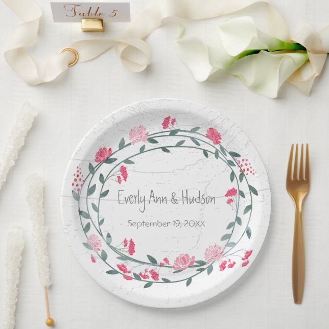 Pink Peony Watercolor Photo Wedding Paper Plates (Wedding)
