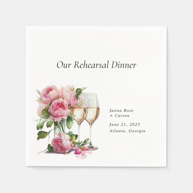 Pink Peony Watercolor Rehearsal Dinner Napkins (Front)