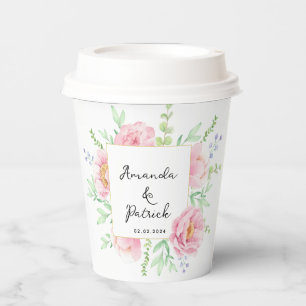 Pink Peony Watercolor Wedding Paper Cups