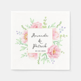 Pink Peony Watercolor Wedding Paper Napkins