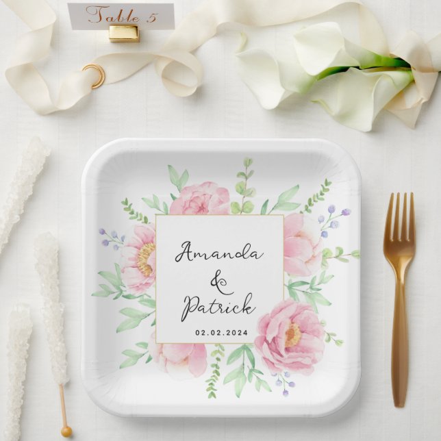 Pink Peony Watercolor Wedding Party Paper Plates (Wedding)