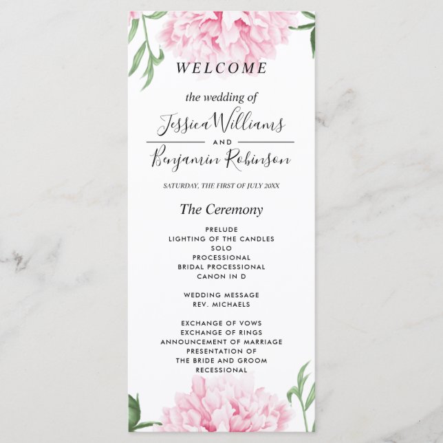 Pink Peony Watercolor Wedding Program (Front)