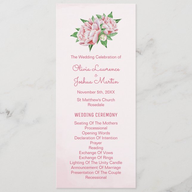 Pink Peony Watercolor Wedding Programs (Front)