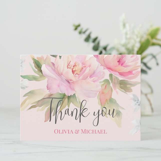 Pink peony Watercolor Wedding Thank You Card (Standing Front)