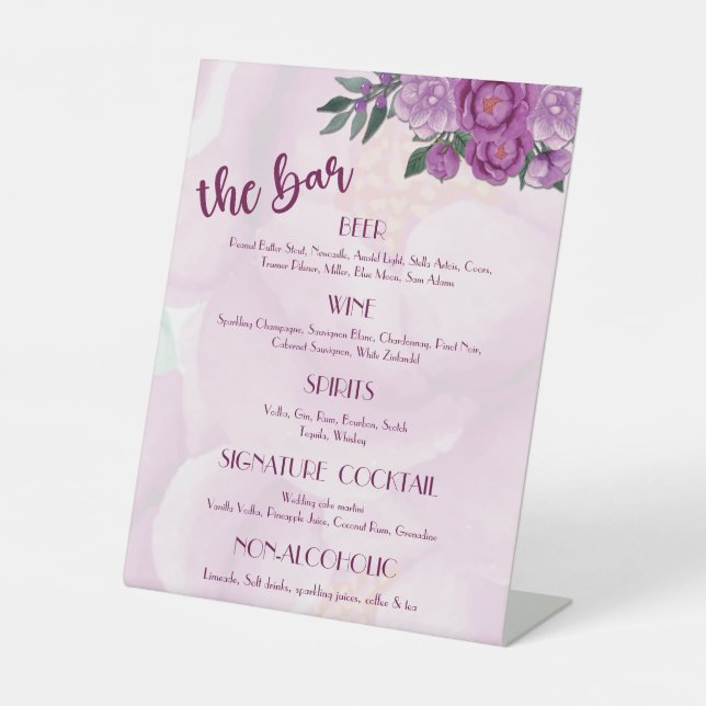Pink peony Wedding Bar Menu Pedestal Sign (Front)