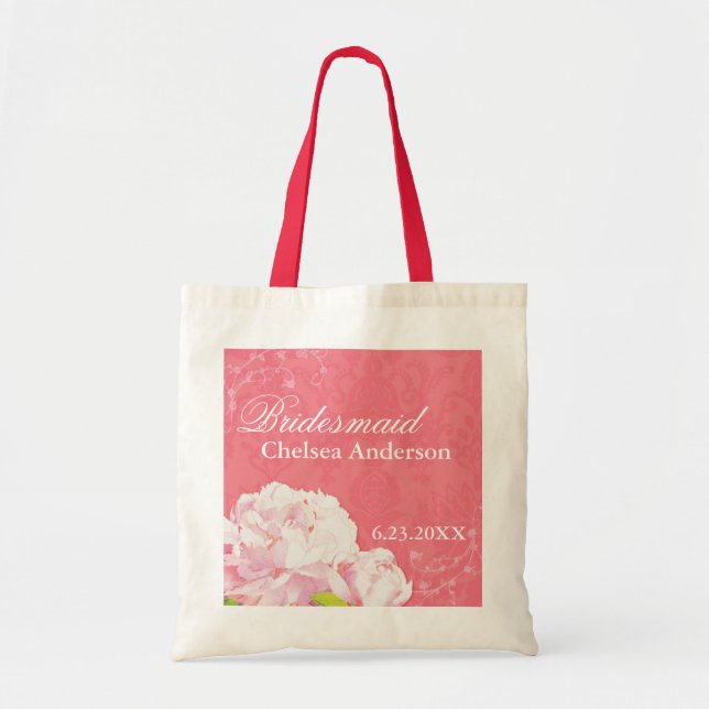 Pink Peony Wedding Customized Bridesmaid Gift Tote Bag (Front)