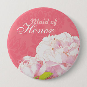 Pink Peony Wedding Maid of Honor Pinback Button