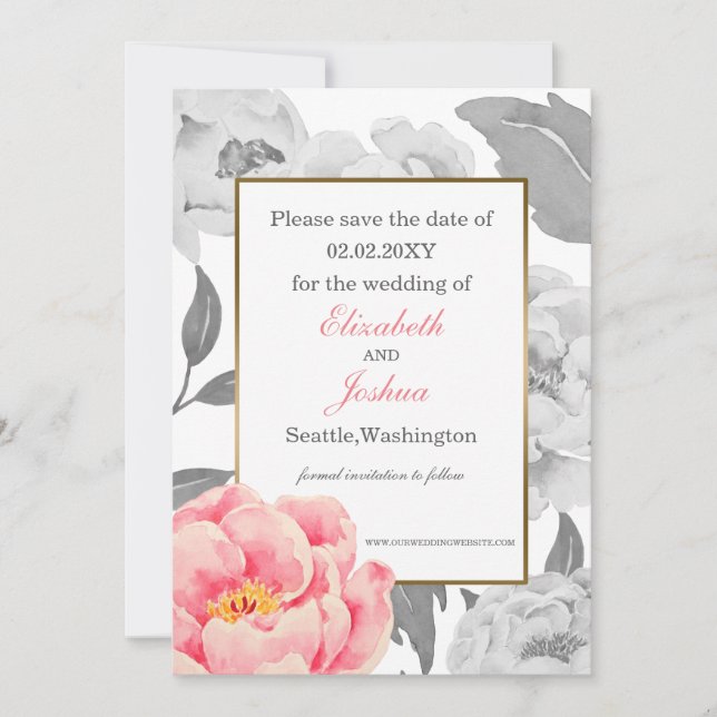 Pink Peony wedding save the date (Front)