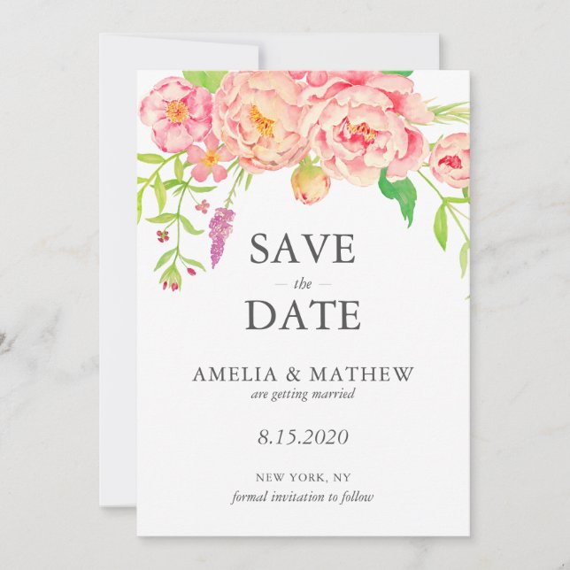 Pink Peony Wedding Save The Date (Front)