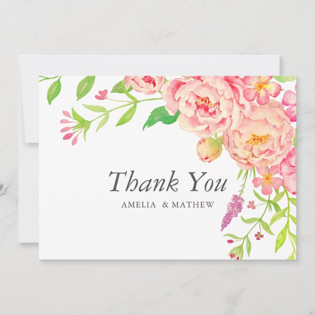 Pink Peony Wedding Thank You Card (Front)