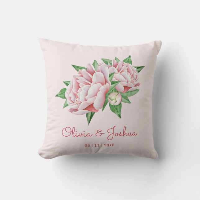 Pink Peony Wedding Throw Pillow (Front)