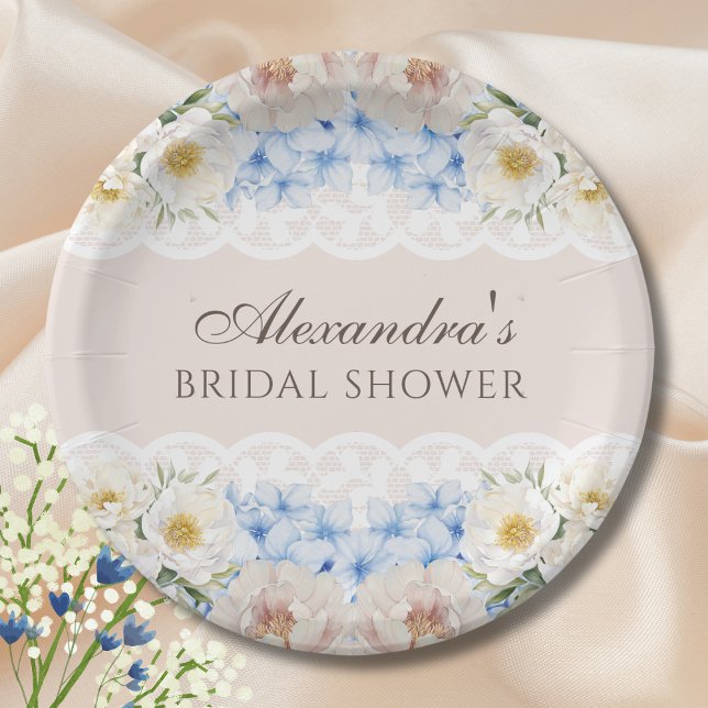 Pink Peony White Blue Hydrangea Bridal Shower Paper Plates (Creator Uploaded)