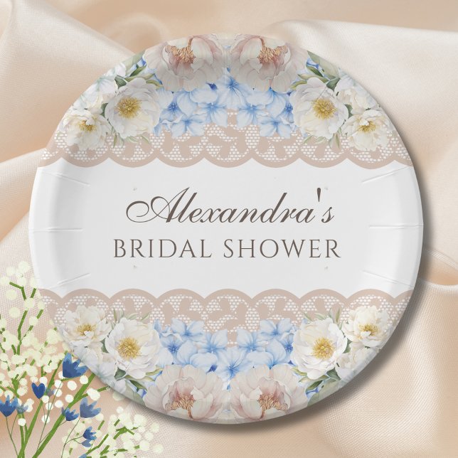 Pink Peony White Blue Hydrangea Bridal Shower Paper Plates (Creator Uploaded)