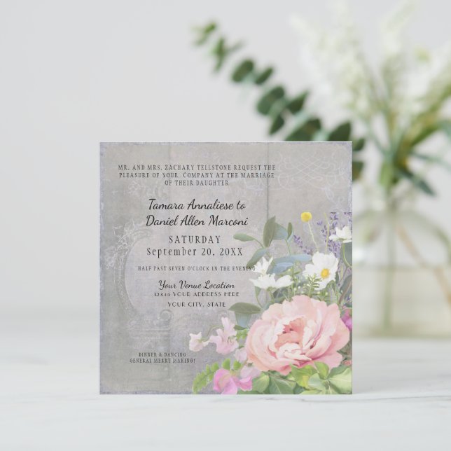 Pink Peony Wild Daisy Flower Gray Rustic Wood  Invitation (Standing Front)
