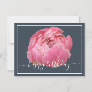 Pink Peony With Dew Drops Gray Backdrop Birthday Postcard