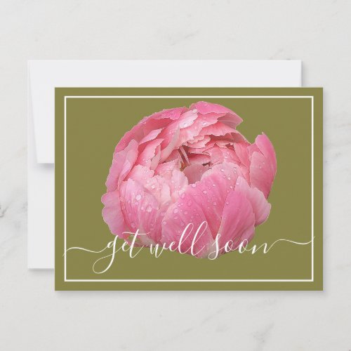 Pink Peony With Dew Drops Green Backdrop Get Well  Postcard