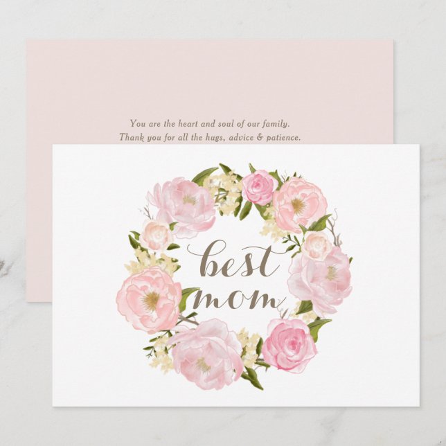 Pink Peony Wreath Best Mom Happy Mother's Day Holiday Card (Front/Back)