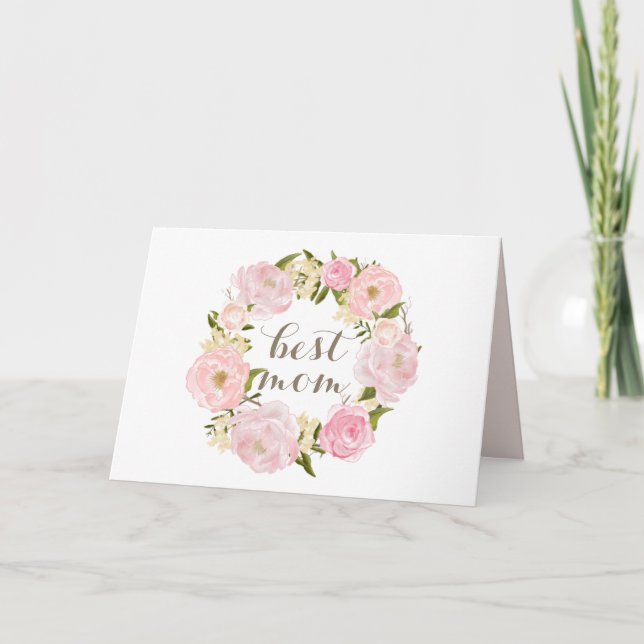 Pink Peony Wreath Best Mom Happy Mother's Day Holiday Card (Front)