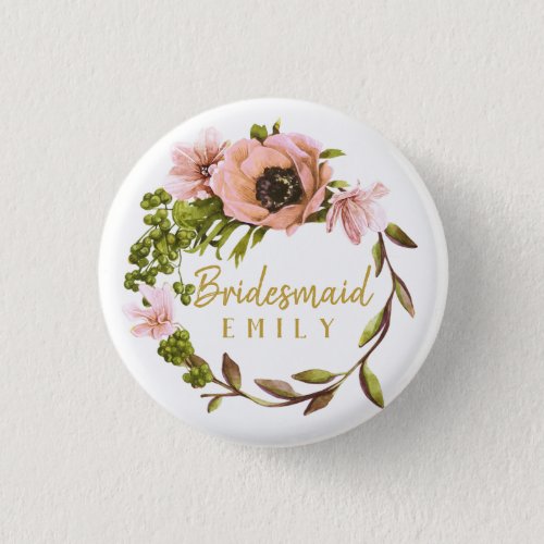 Pink Peony Wreath Bridesmaid Name ID456 Pinback Button
