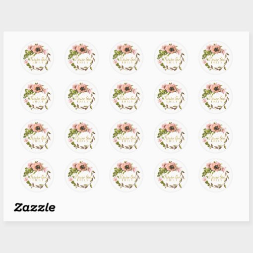 Pink Peony Wreath Flower Girl Name Id456 Classic Round Sticker 